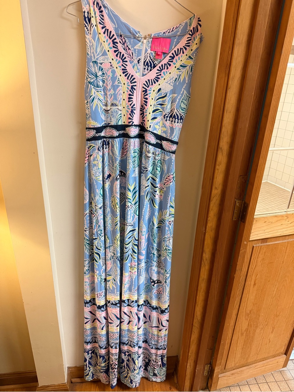 Lilly Pulitzer Sky Blue Floral Maxi Dress with Pink Trim